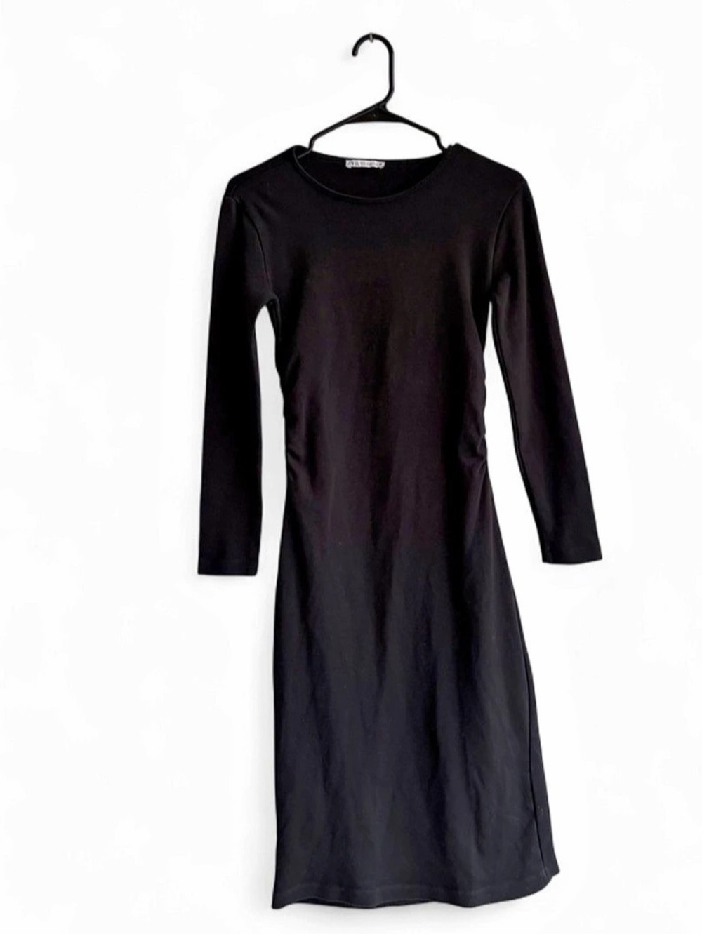 ZARA Ruched Long Sleeve Midi Bodycon Dress | Black - SIZE MEDIUM